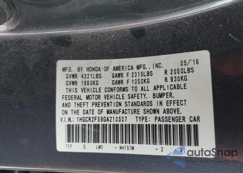 2016 Honda Accord Sport из США, поврежденный, VIN 1HGCR2F59GA210507